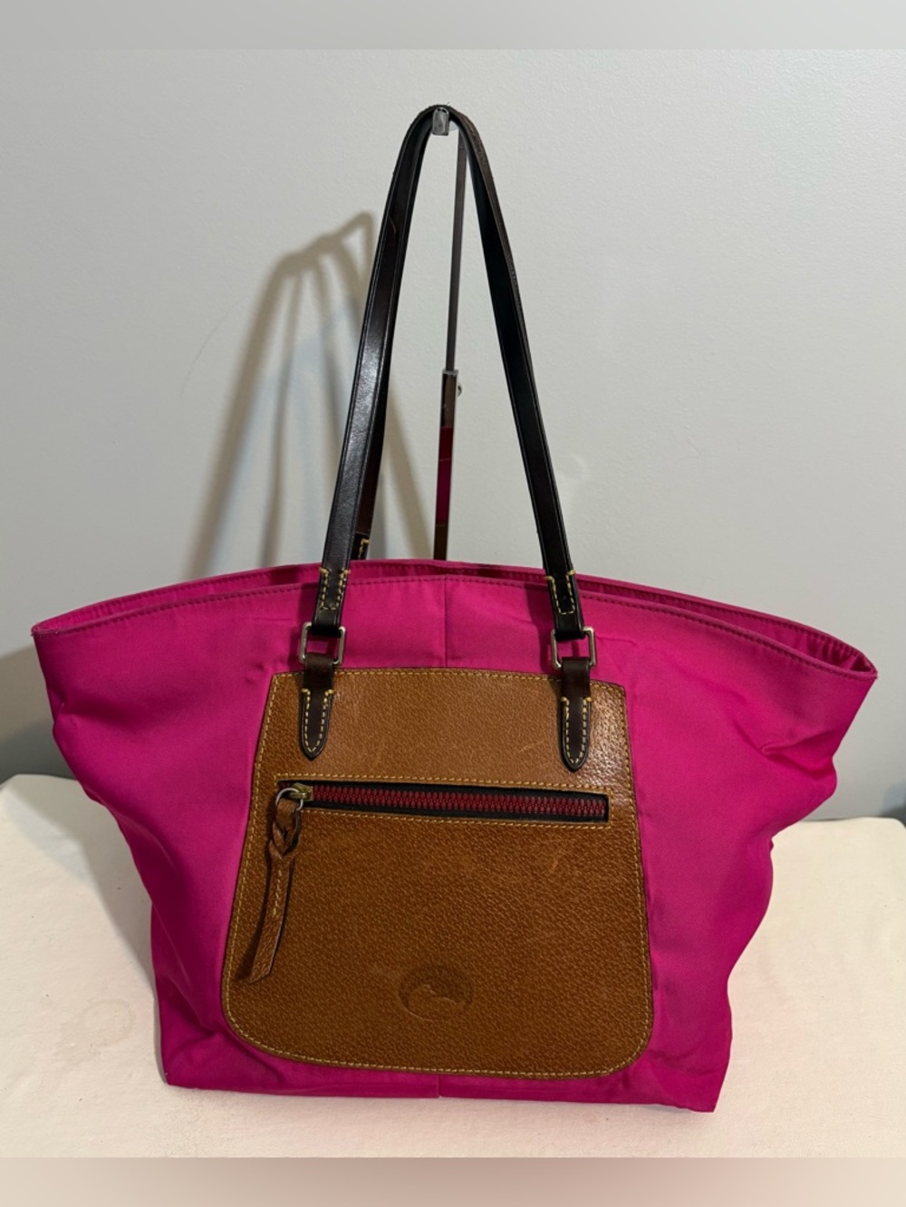 Dooney Bourke Fuschia Tote Bag with Light & Dark Brown Trim